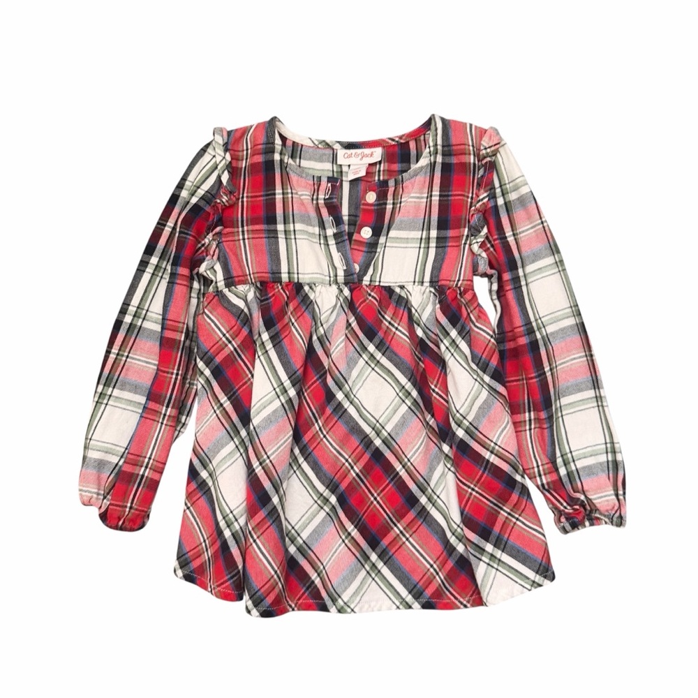 Cat & Jack Red and White Plaid Ruffle Babydoll Top - 4T